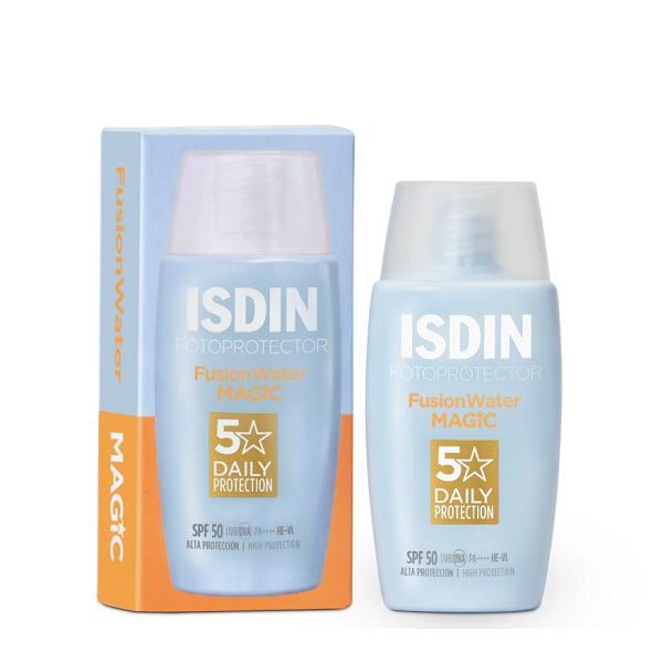 فلوئید ضدآفتاب بدون رنگ ایزدین SPF50 مدل Fusion Water Magic ‌مناسب انواع پوست، حجم 50 میلی‌لیتر